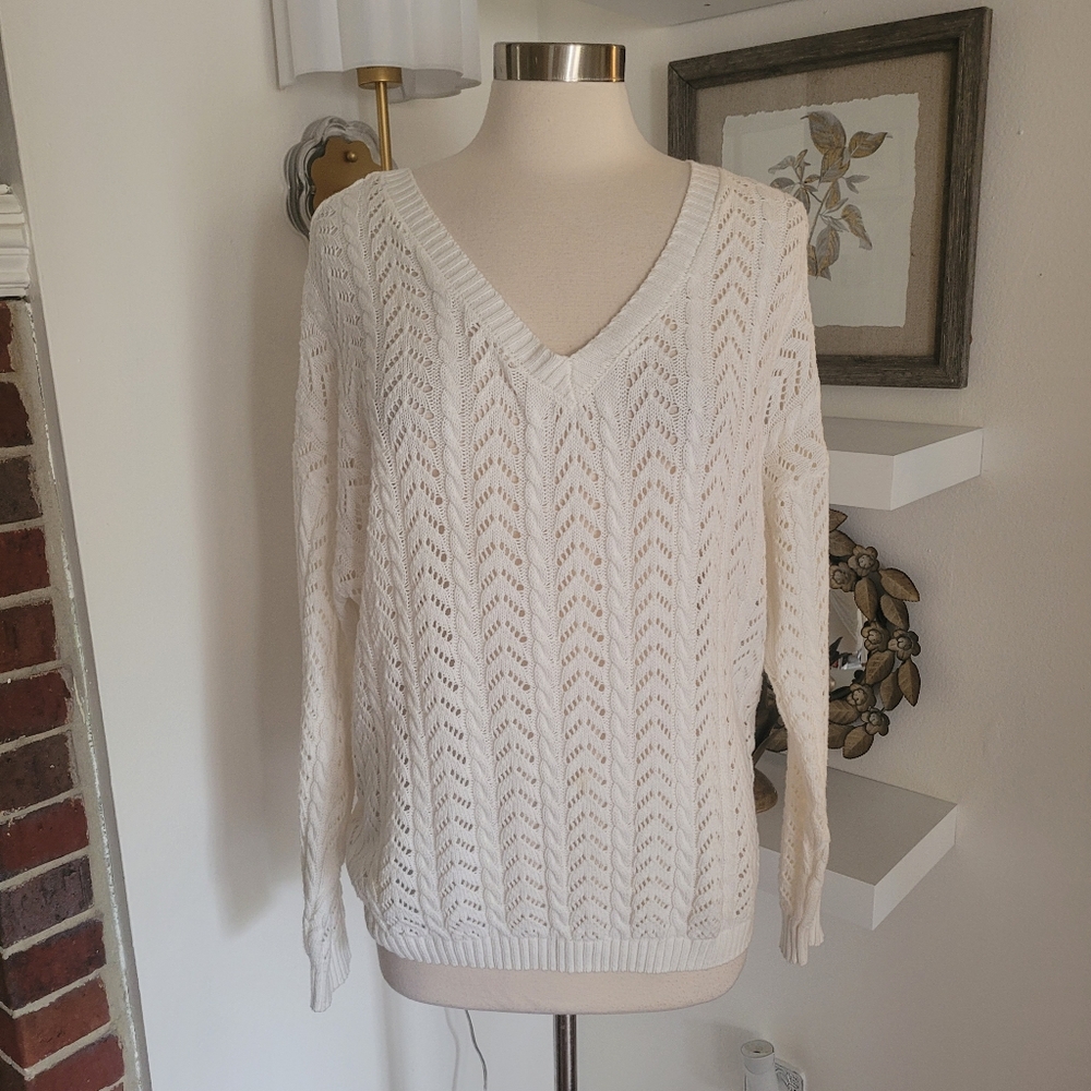Blue Rain V-Neck White Open-Knit Women's Sweater Criss Croos Back XL